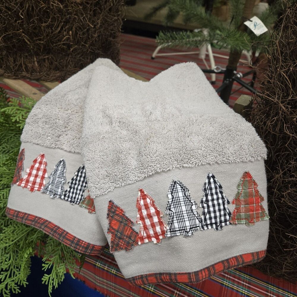 Balsom & Fir Trading Co Christmas Tree 2 Hand Towels Greige Grey Red Black Plaid